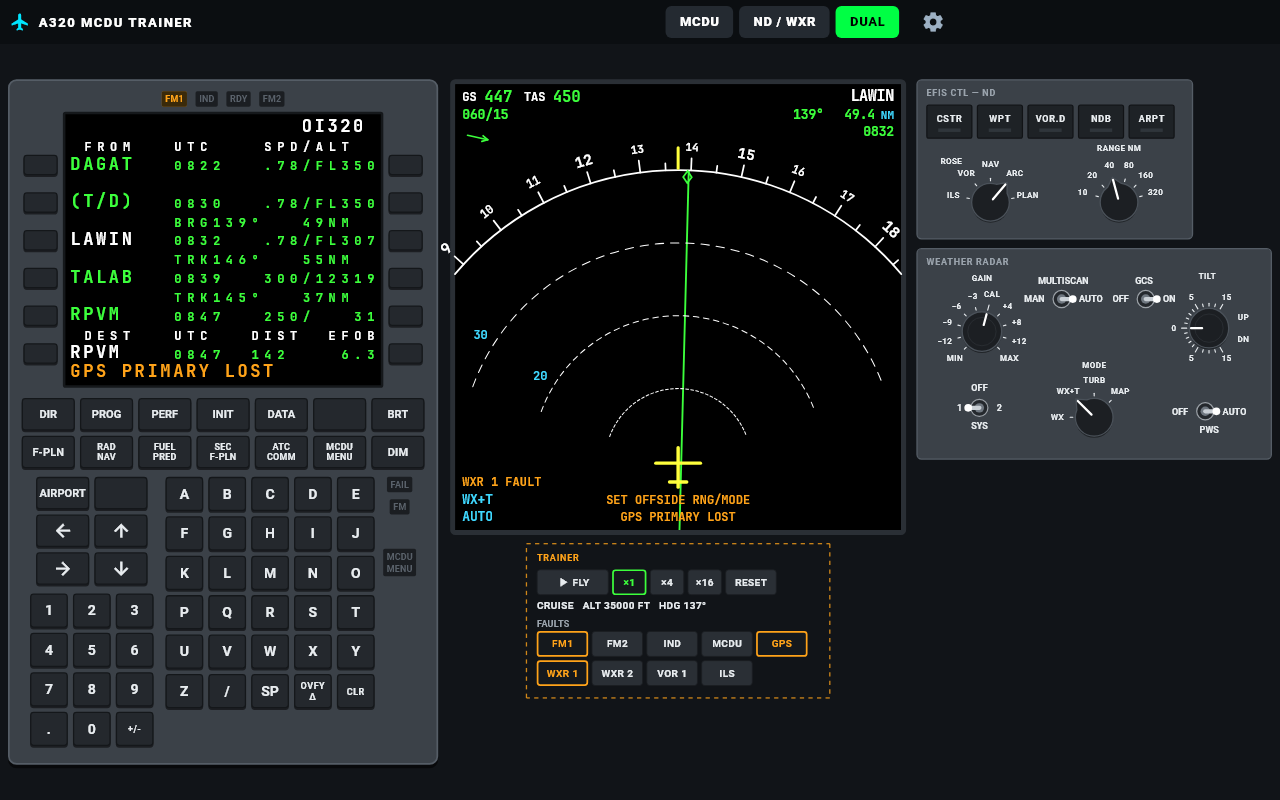 Trainer faults: FM1 failed, GPS lost, weather radar system 1 failed